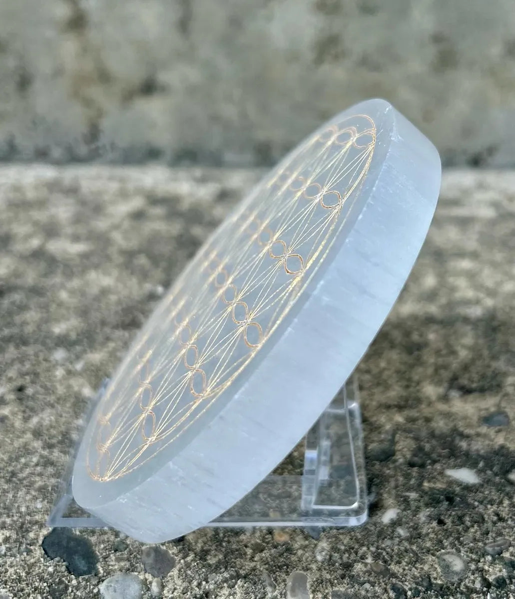 Selenite Flower of Life Disc - Gold