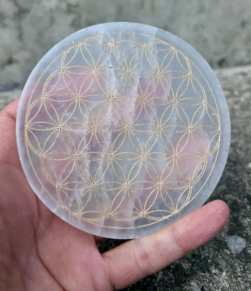 Selenite Flower of Life Disc - Gold