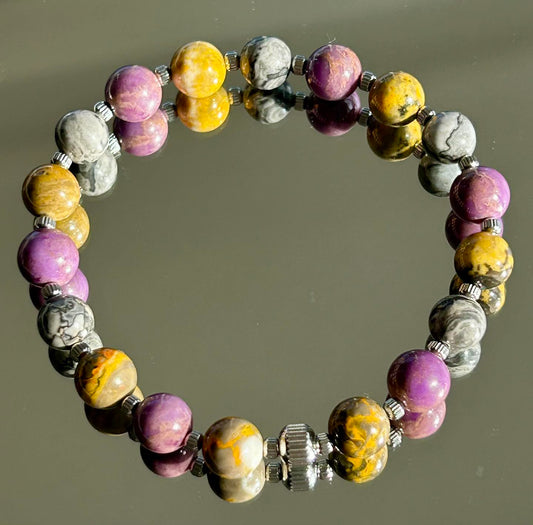 Bumblebee Jasper, Phosphosiderite & Grey Crazy Lace Agate Bracelet.